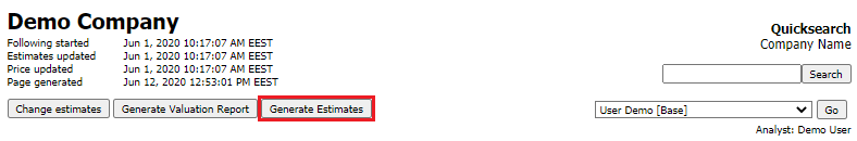 Generate estimates button and dialog