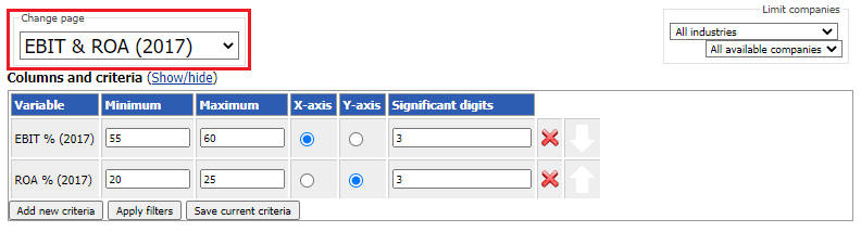 Dynamic comparison page with criteria selector